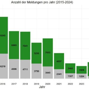 Balkendriagramm mit Anzahl der Igelmeldungen für einzelne Jahre 2015-2024